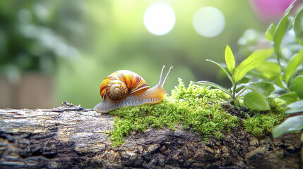 Close up of colorful snail on mossy log, surrounded by greenery, showcasing nature beauty and tranquility