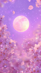 Lunar Bloom: In a scene of ethereal beauty, the full moon illuminates the soft petals of blooming trees, creating a mystical spectacle of lavender and pastel hues.