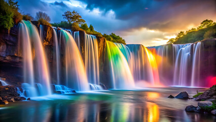 Dreamlike Glowing Waterfalls Under Surreal Rainbow Light In Magical Fantasy Scene  