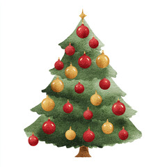 Watercolor christmas tree decorated with red and gold ornaments, isolated on white background