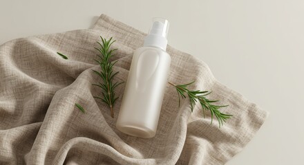 White Spray Bottle with Rosemary on Linen Cloth