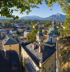Naklejka premium Salzburg - The panorama of the town with the church St. Erhartkirche.
