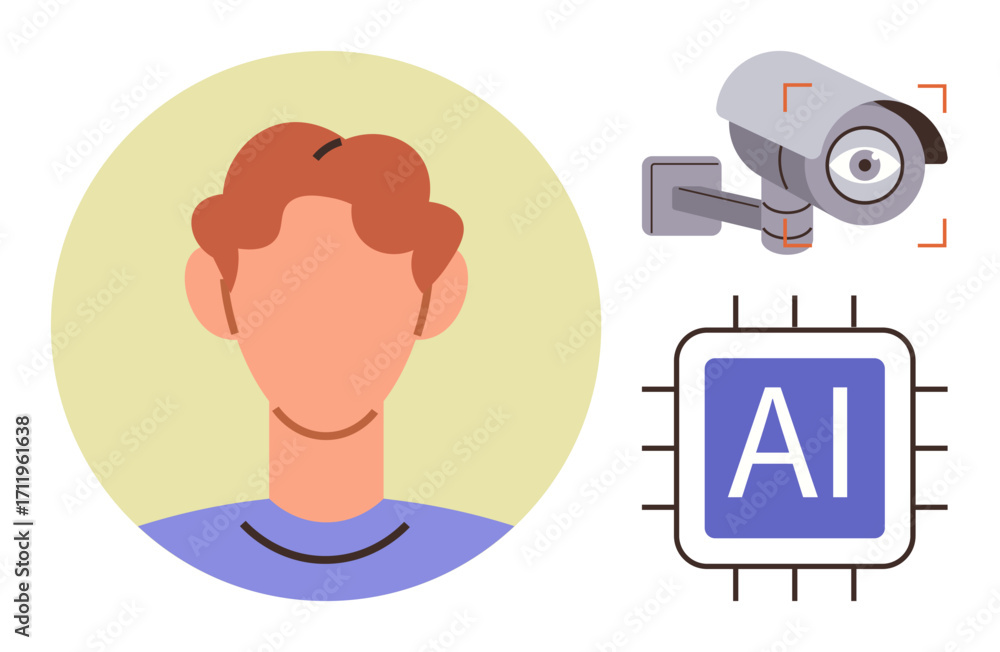 Aufkleber human profile with security surveillance camera and ai processor chip, representing ai-based monitor