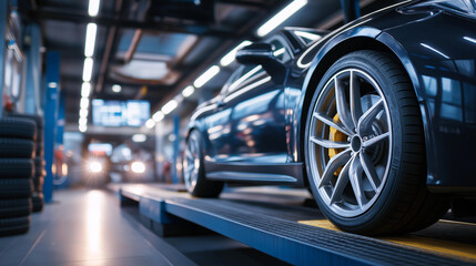 A tire changer practices in a training bay with air guns whirring lug nuts spinning mock wheels swapping and a coach timing with a stopwatch captured in a disciplined photo wit