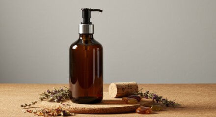 Amber Glass Bottle with Pump, Cork, and Lavender.