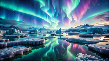 Floating glacier with techno ice formations and mossy futuristic design