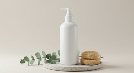 White Soap Dispenser with Loofah and Eucalyptus on Tray