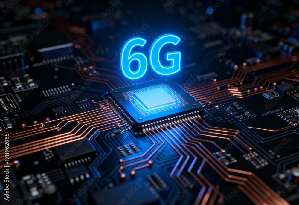 Poster 6g technology concept with glowing text above microchip on circuit board, futuristic network speed a
