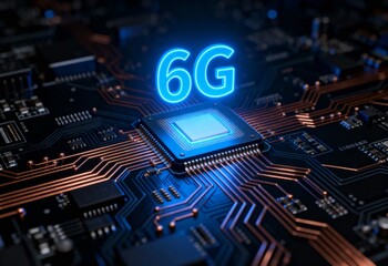 6g technology concept with glowing text above microchip on circuit board, futuristic network speed and next generation wireless communication hardware in dark blue neon light