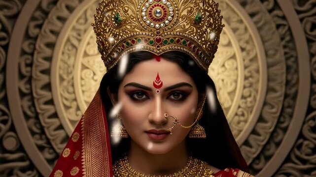 Divine maa durga adorned in golden jewelry and crown for navratri puja dussehra vijayadashami and diwali celebrations hindu goddess shakti