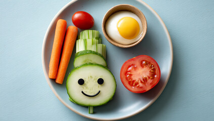 Fun snowman made of healthy food on a blue plate