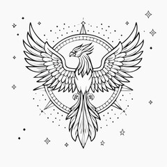 Obraz premium Mythical Phoenix Bird of Rebirth and Renewal with Celestial Starburst Emblem, Mystical Creature Illustration