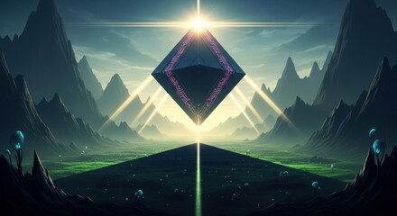 Mystical Monolith: A Futuristic Landscape with Glowing Pyramid