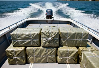 Speedboat transporting large wrapped packages across sea, concept of drug trafficking, narcotics smuggling, maritime security and law enforcement in international waters