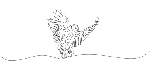 Continuous one line drawing of an owl landing with wings fully spread. Minimalist linear illustration representing wildlife, nocturnal bird, freedom, and the beauty of nature. Elegant outline artwork 