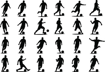 Soccer player silhouette collection, football action poses, black vector icons, isolated athlete movement