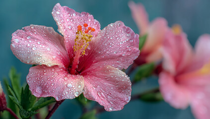Closeup of a delicate pink hibiscus flower covered in water droplets