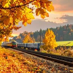 Fototapeta premium Autumn train journey through colorful woods