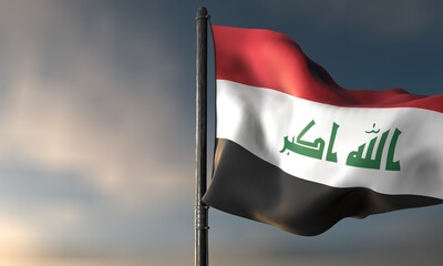Iraqi Flag in the Wind: A vibrant Iraqi flag waves proudly against a serene sky. Capturing the national symbol in motion, with its vivid colors and iconic calligraphy.