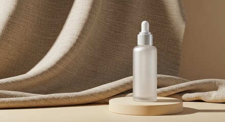 Minimalist Serum Bottle on Beige Platform and Fabric