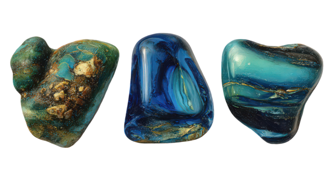 Three Glittering Blue and Green Polished Stones on Black Background