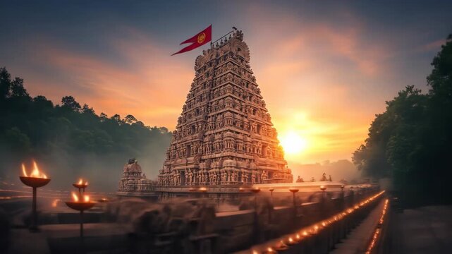 Vibrant sacred lamp illuminated before majestic temple gopuram during indian festival celebrations of navratri or diwali symbolizing devotion and spiritual light