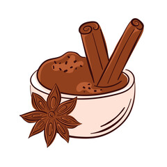 Bowl filled with cinnamon ground spice, decorated with cinnamon sticks and star anise isolated on white background. Ideal for food and seasoning design theme in flat style.