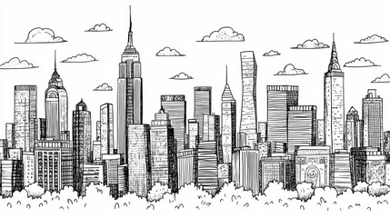 Fototapeta premium Black and white skyline illustration featuring various skyscrapers and clouds, showcasing urban architecture and city life