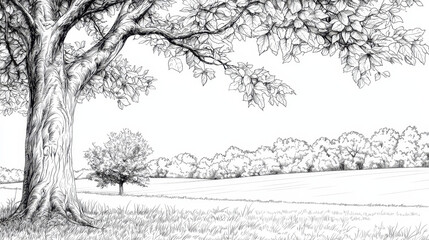 Detailed black and white illustration of large tree with intricate leaves, set serene landscape featuring rolling hills