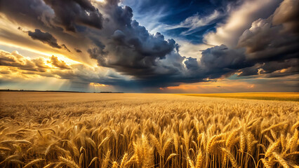 Golden wheat field under vast dramatic storm clouds glowing