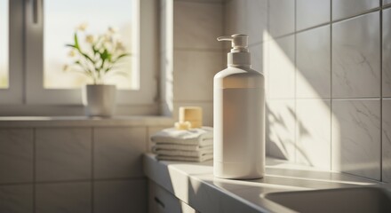 Minimalist Bathroom Scene: Soap Dispenser, Sunlight, and Flowers