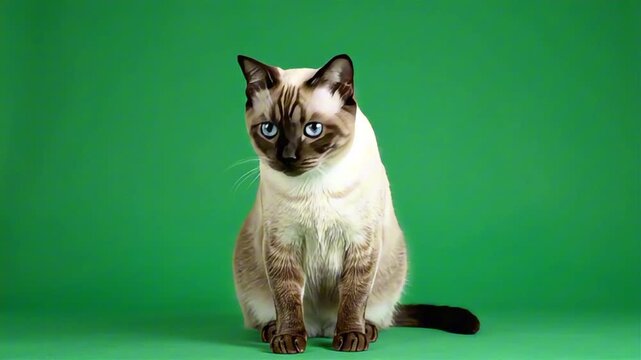 Neutral siamese cat sits observing with head turns motion on green screen studio shot