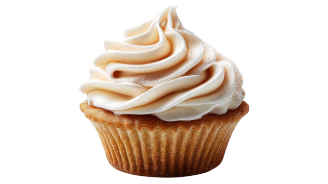 Vanilla cupcake with yellow whipped cream frosting isolated on white background.