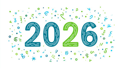 2026 text with colorful confetti and abstract shapes isolated on white background
