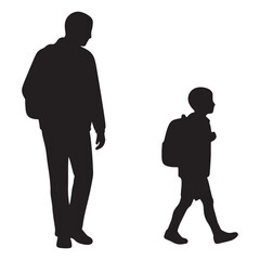 Silhouettes of a father and son walking side-by-side carrying backpacks, representing family, education, and outdoor activities
