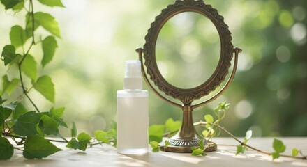 Vintage Mirror and Spray Bottle with Greenery on Wooden Table.