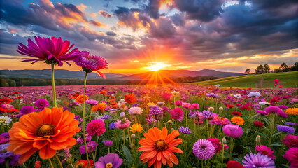 Hyper vivid flower meadow glowing in pink and purple twilight
