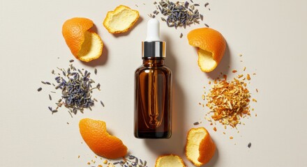 Aromatherapy Essential Oil Bottle with Orange Peels and Lavender.