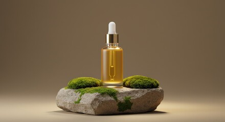 Serum Bottle on Stone with Moss Skincare Product.