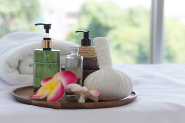 Beautiful spa composition on massage table in wellness center