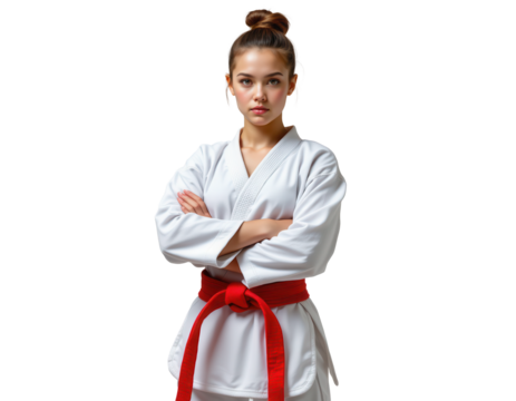 Confident Female Martial Artist in White Uniform with Red Belt