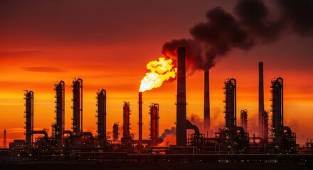 Obraz premium Fiery Sunset Over Industrial Oil Refinery Landscape