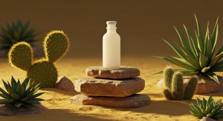 Bottle on Rocks with Cactus in Desert Setting