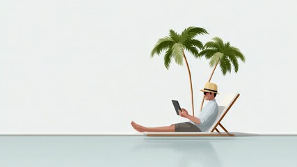 Professional remote worker enjoying productive workflow from tranquil beach setting, embodying digital nomad lifestyle with seamless connectivity under swaying palm trees - Powered by Adobe