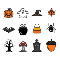Halloween Icons Collection - Pumpkin, Ghost, Witch Hat, Bat, Spider and More.