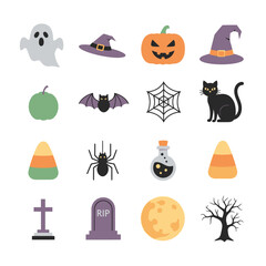 Halloween Icons Collection - Ghost, Pumpkin, Witch Hat, Black Cat, and More.