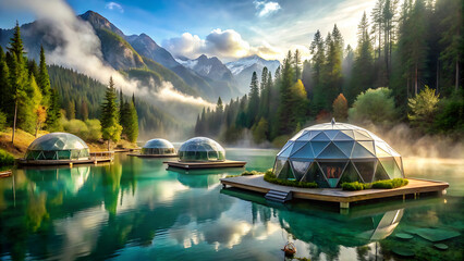 Mountain Lake Eco Retreat Surrounded By Floating Bio Domes In Wilderness