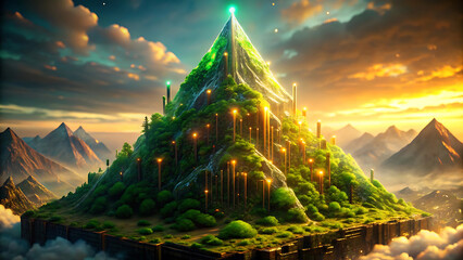 Mountain Peak With Levitating Techno Crystals Shining In Surreal Sky