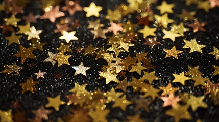 gold star confetti and glitter on a black background - Christmas / New Year party festive backdrop for your projects.