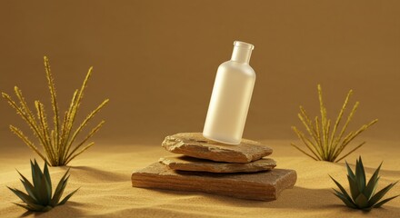 Minimalist Bottle on Rocks in Desert Landscape
